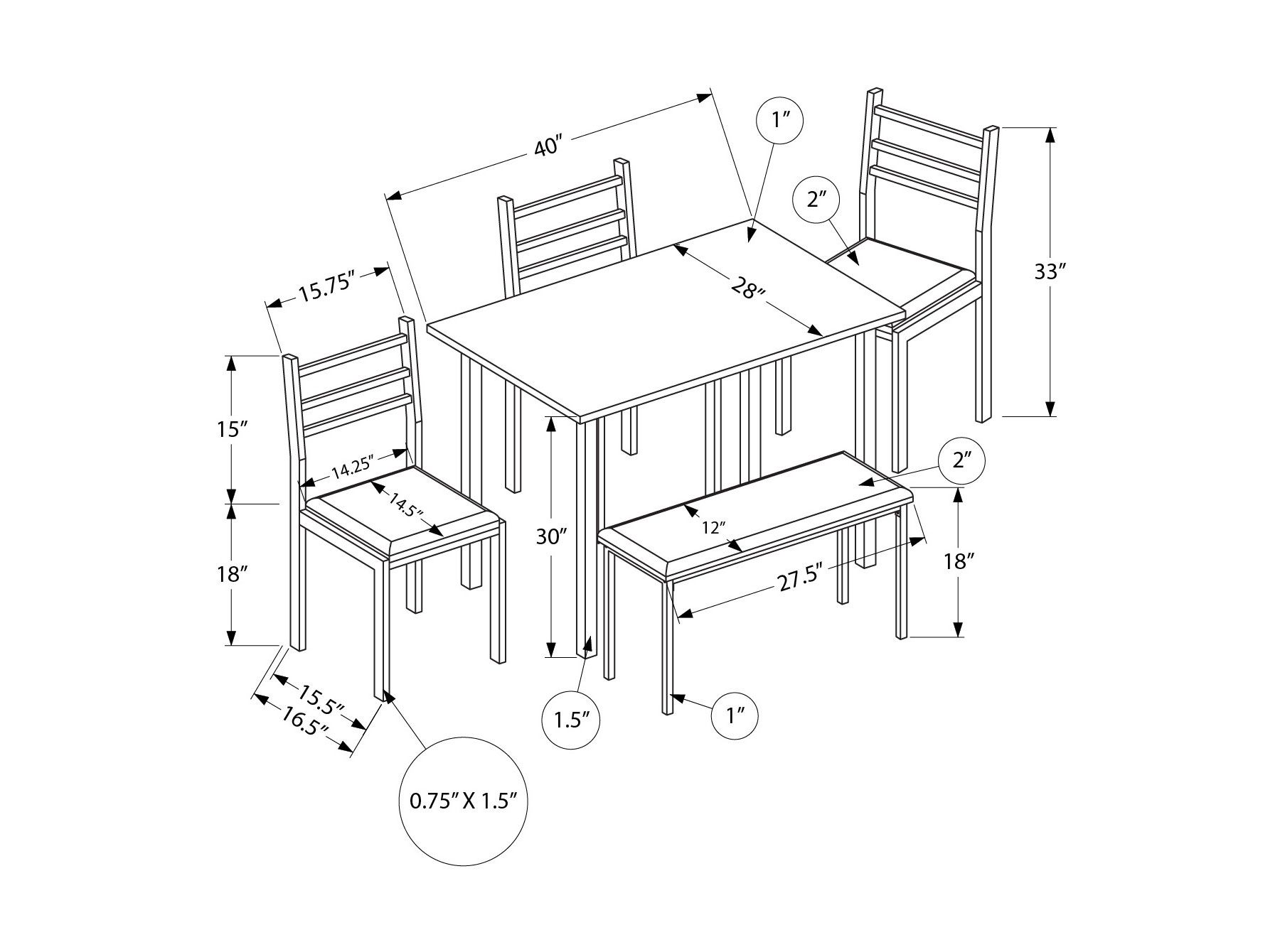 Grey & Black 5-Piece Dinette with Bench — Dimensions